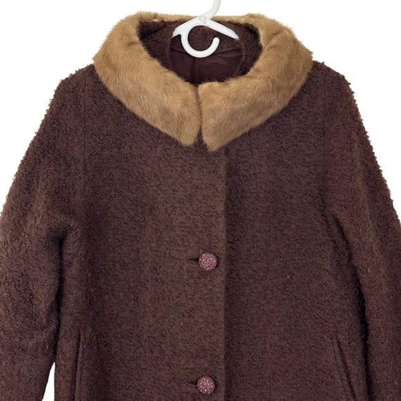 Vtg. 60s Boucle Wool Swing Coat Fur Collar Jackie O Mod Dark Academia Old Money - Picture 2 of 11